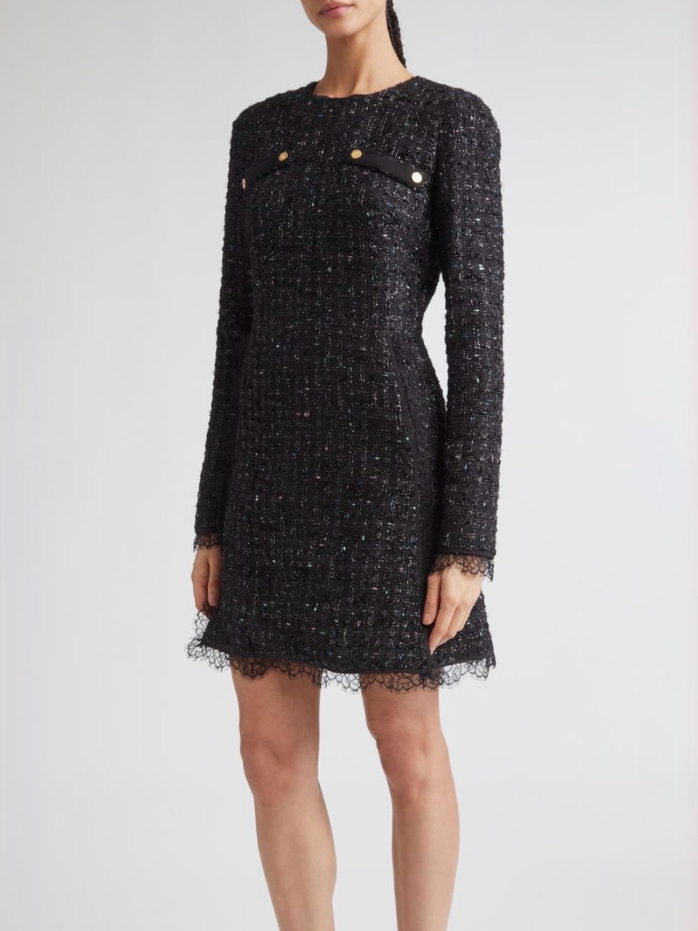 Giambattista Valli Black Tweed Long-Sleeve Mini Dress with Lace Trim 8 US 44 IT